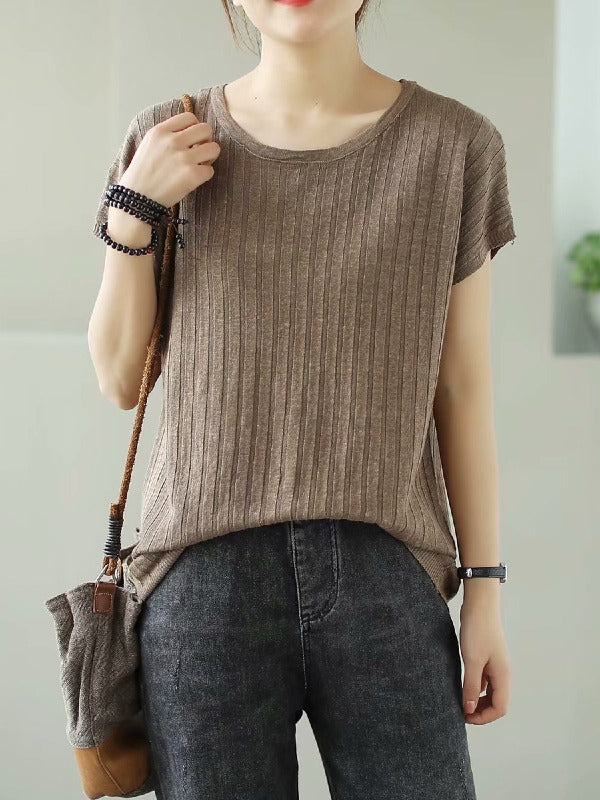 SOLID KNITTING STRIPES ROUND-NECK T-SHIRT
