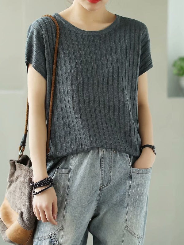 SOLID KNITTING STRIPES ROUND-NECK T-SHIRT