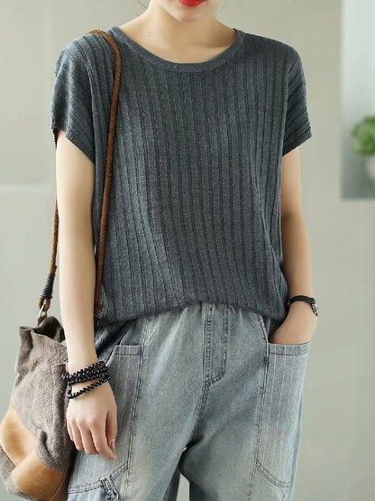 SOLID KNITTING STRIPES ROUND-NECK T-SHIRT