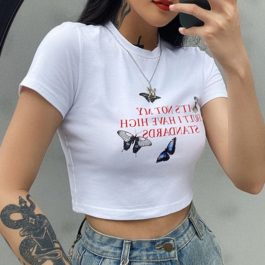 Color butterfly letter printed short T-shirt sleeve top ACTIVEWEAR