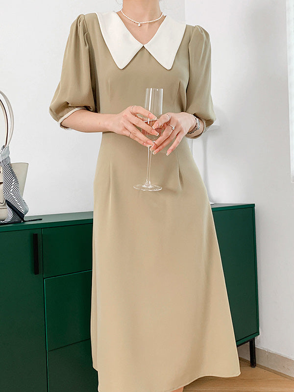 Urban Solid Color Bandage A-Line Lapel Short Sleeves Midi Dress