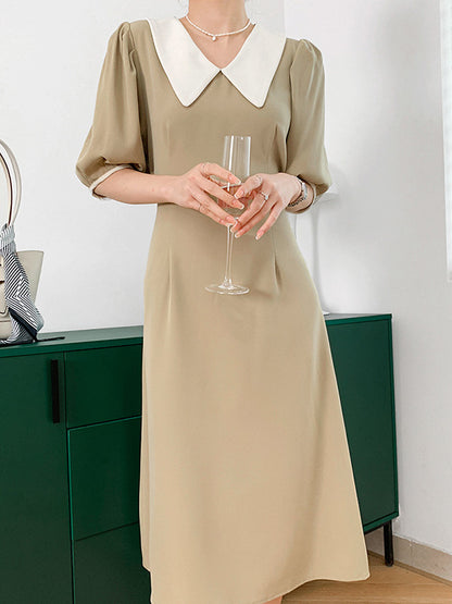 Urban Solid Color Bandage A-Line Lapel Short Sleeves Midi Dress