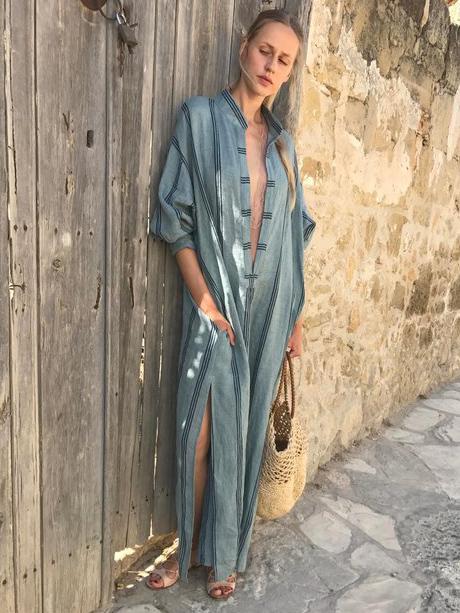 Striped Deep V-neck Ramie Cotton Maxi Dress