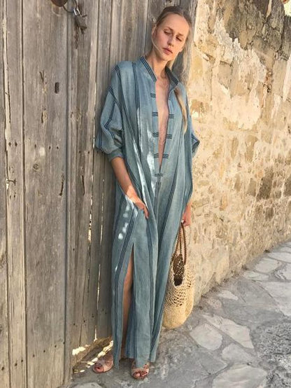 Striped Deep V-neck Ramie Cotton Maxi Dress