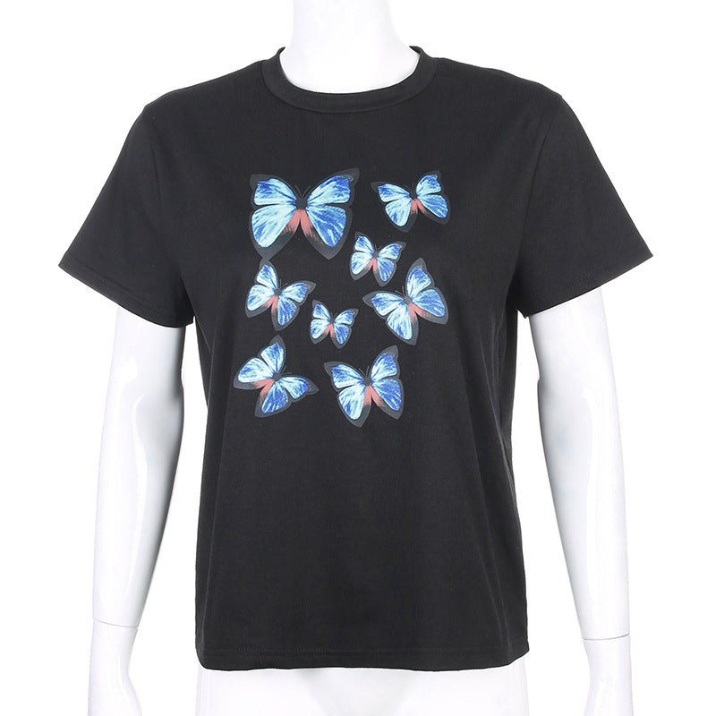 loose thin color butterfly print short-sleeved casual wild top ACTIVEWEAR