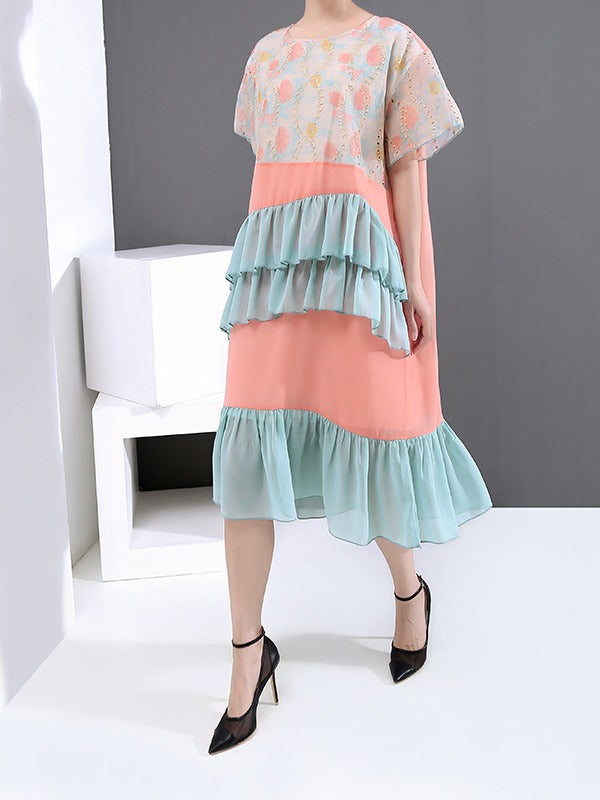 LOOSE CONTRAST COLOR FALBALA ROUND NECK DRESS