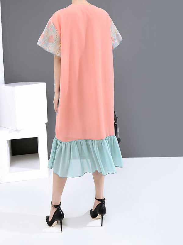LOOSE CONTRAST COLOR FALBALA ROUND NECK DRESS