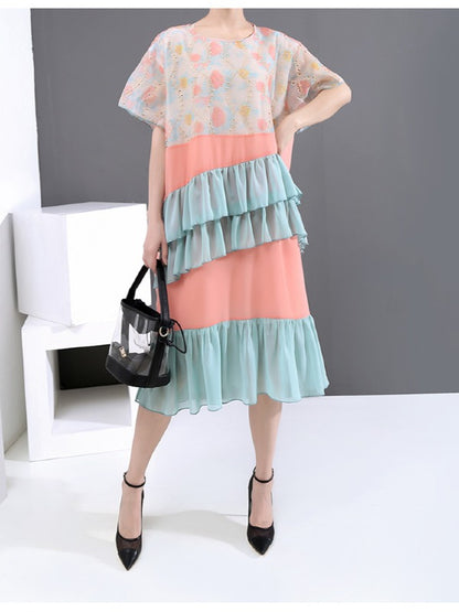LOOSE CONTRAST COLOR FALBALA ROUND NECK DRESS