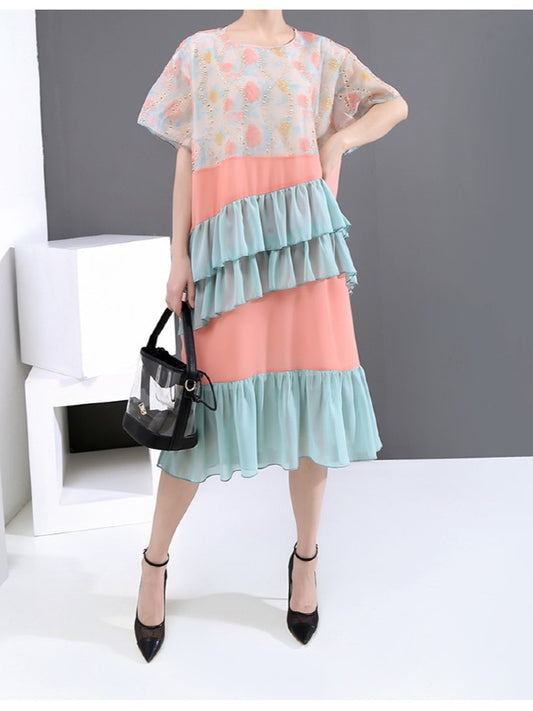 LOOSE CONTRAST COLOR FALBALA ROUND NECK DRESS