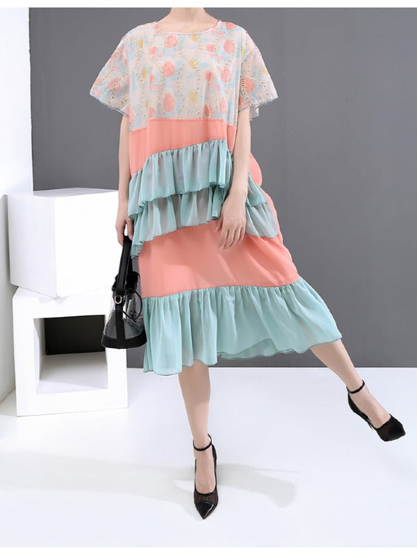 LOOSE CONTRAST COLOR FALBALA ROUND NECK DRESS