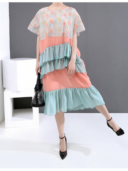 LOOSE CONTRAST COLOR FALBALA ROUND NECK DRESS