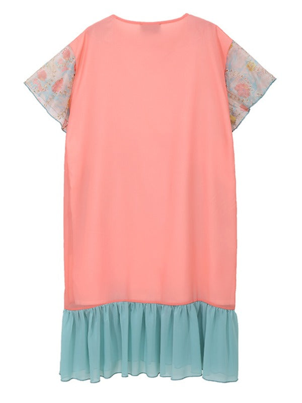 LOOSE CONTRAST COLOR FALBALA ROUND NECK DRESS