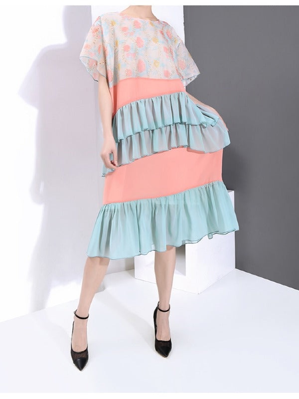 LOOSE CONTRAST COLOR FALBALA ROUND NECK DRESS