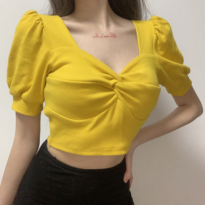 Retro slim puff sleeves T-shirt pleated top ACTIVEWEAR