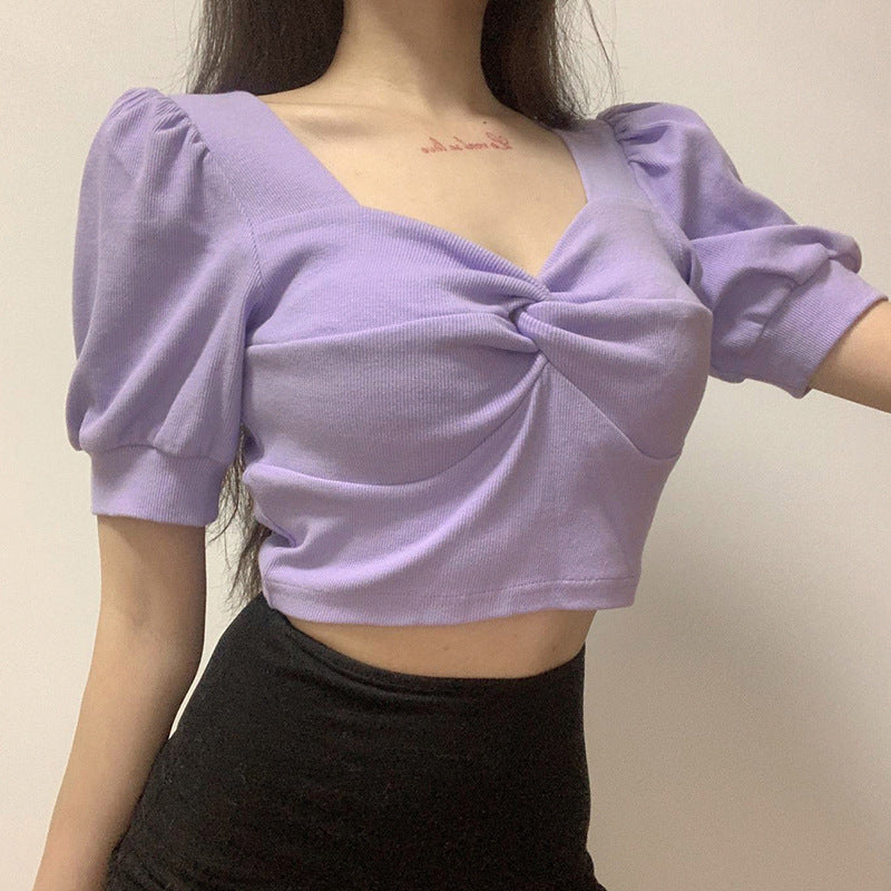 Retro slim puff sleeves T-shirt pleated top ACTIVEWEAR