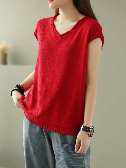 SOLID KNITTING RHOMBUS V-NECK T-SHIRT
