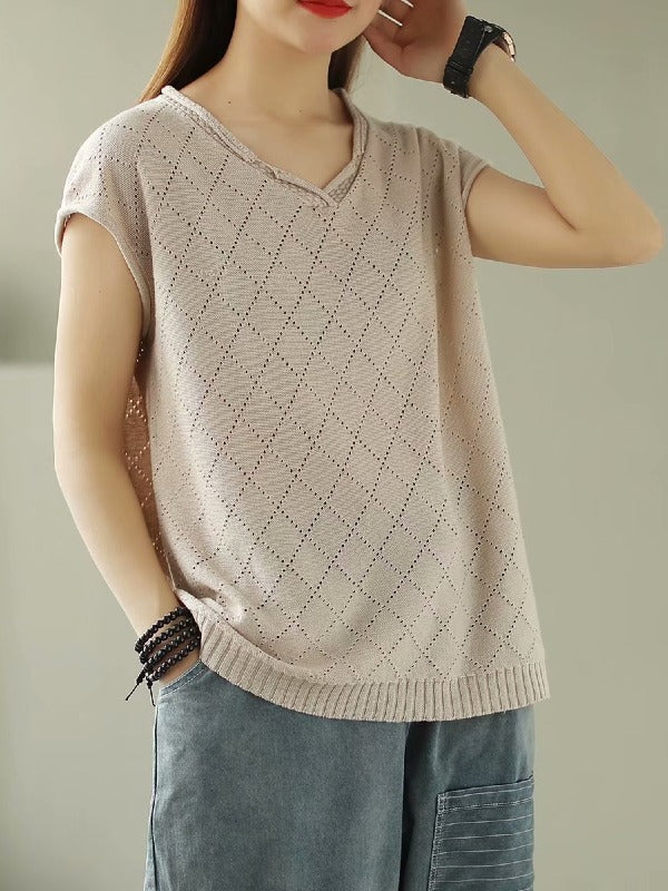 SOLID KNITTING RHOMBUS V-NECK T-SHIRT