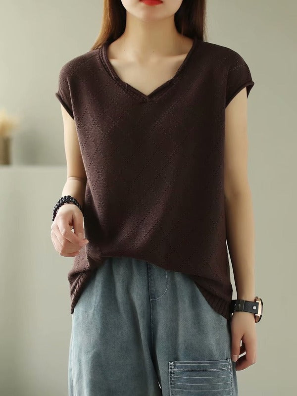 SOLID KNITTING RHOMBUS V-NECK T-SHIRT