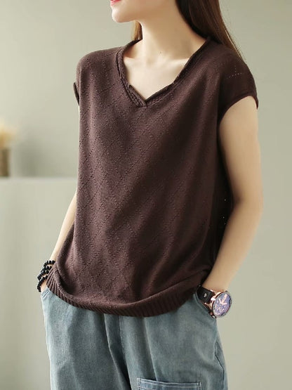 SOLID KNITTING RHOMBUS V-NECK T-SHIRT