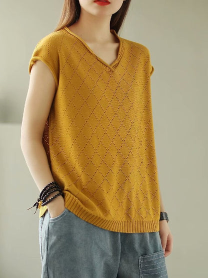SOLID KNITTING RHOMBUS V-NECK T-SHIRT