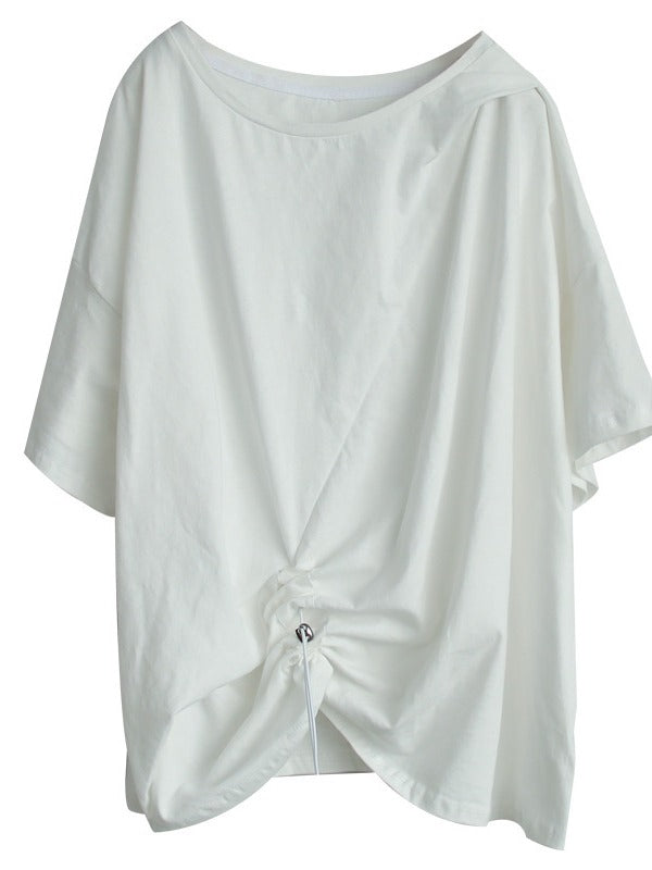 SOLID COLOR SPLICING CROPPED PLEATED T-SHIRT