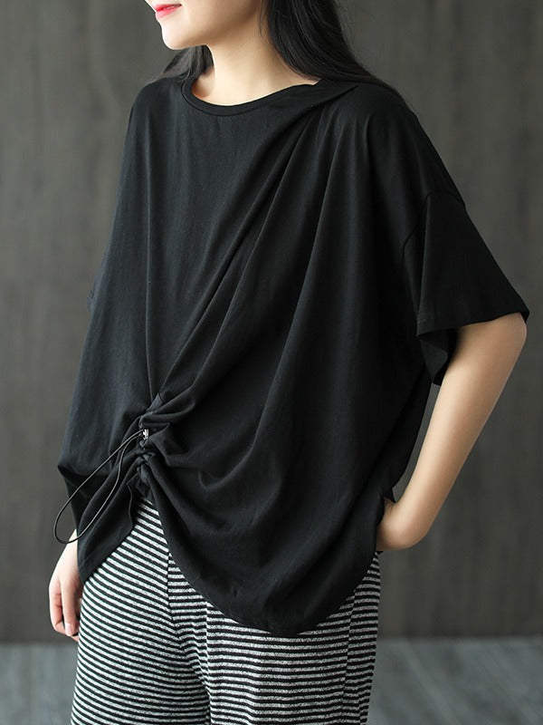 SOLID COLOR SPLICING CROPPED PLEATED T-SHIRT