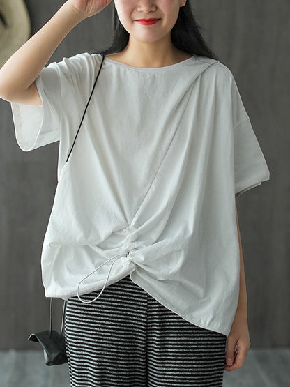 SOLID COLOR SPLICING CROPPED PLEATED T-SHIRT