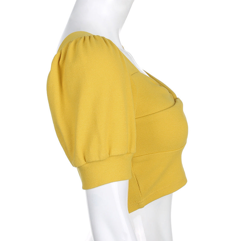 Retro slim puff sleeves T-shirt pleated top ACTIVEWEAR