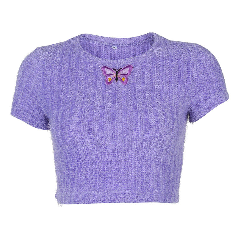 Sexy tight-fitting waist embroidered short embroidered T-shirt ACTIVEWEAR