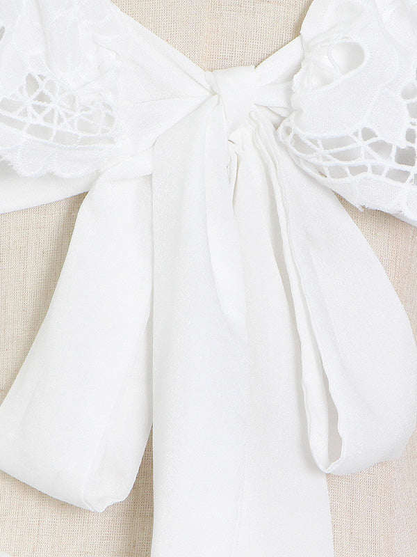 Fashion Solid Color Backless Hollow Lace V-Neck Bishop Sleeve Mini Dress