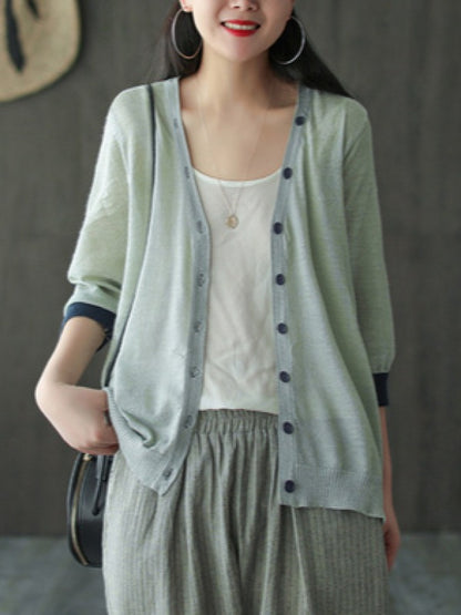 SILK&RAMIE MIXED KNITTING V-NECK 3/4 SLEEVES SUN-PROOF OUTWEAR