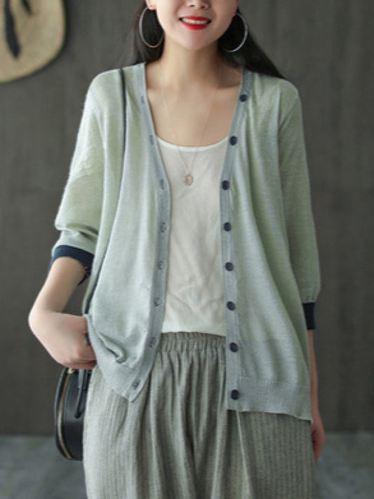 SILK&RAMIE MIXED KNITTING V-NECK 3/4 SLEEVES SUN-PROOF OUTWEAR