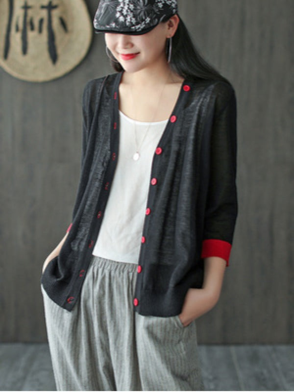 SILK&RAMIE MIXED KNITTING V-NECK 3/4 SLEEVES SUN-PROOF OUTWEAR