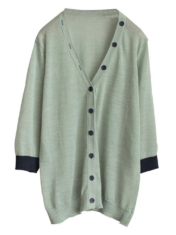 SILK&RAMIE MIXED KNITTING V-NECK 3/4 SLEEVES SUN-PROOF OUTWEAR