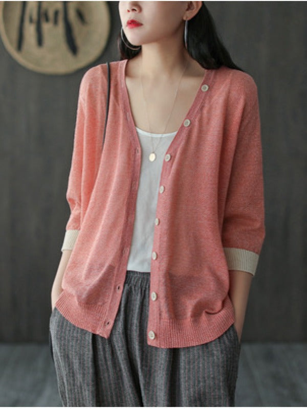 SILK&RAMIE MIXED KNITTING V-NECK 3/4 SLEEVES SUN-PROOF OUTWEAR