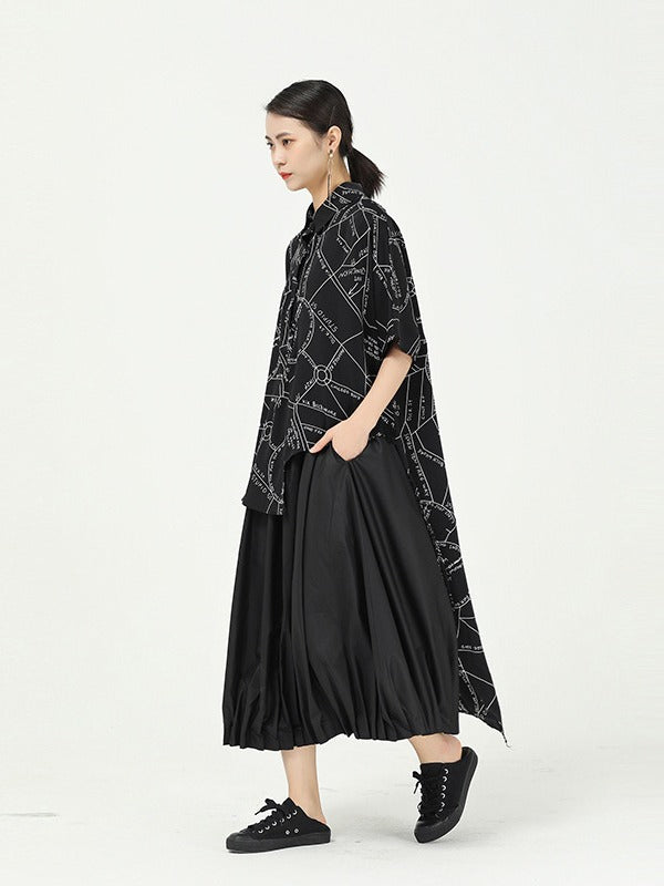 GEOMETRIC PRINT CROPPED SPLICING CHIFFON SHIRT