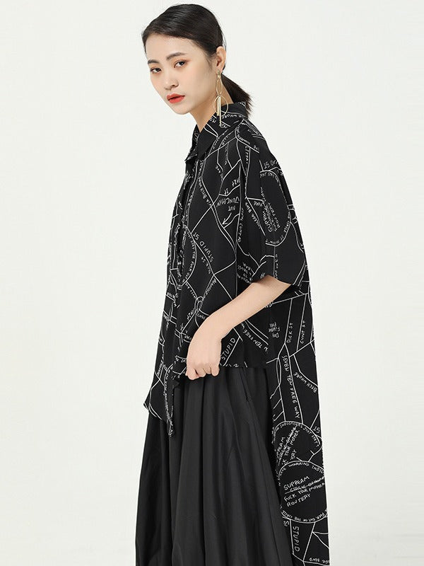 GEOMETRIC PRINT CROPPED SPLICING CHIFFON SHIRT