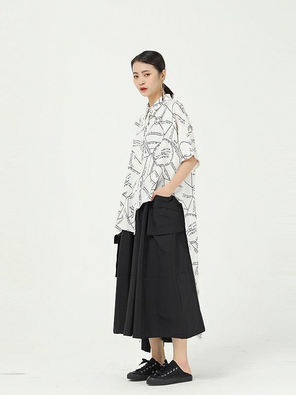 GEOMETRIC PRINT CROPPED SPLICING CHIFFON SHIRT