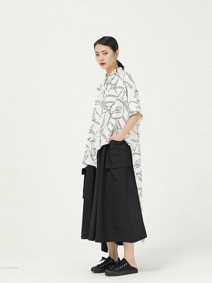 GEOMETRIC PRINT CROPPED SPLICING CHIFFON SHIRT