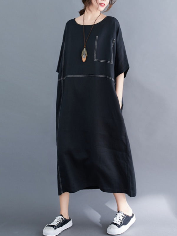 Loose Split-Joint Round-Neck Long Dress