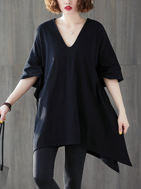 Loose Solid Color Cropped V-Neck Batwing Sleeve T-Shirt