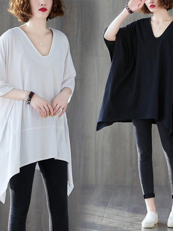 Loose Solid Color Cropped V-Neck Batwing Sleeve T-Shirt