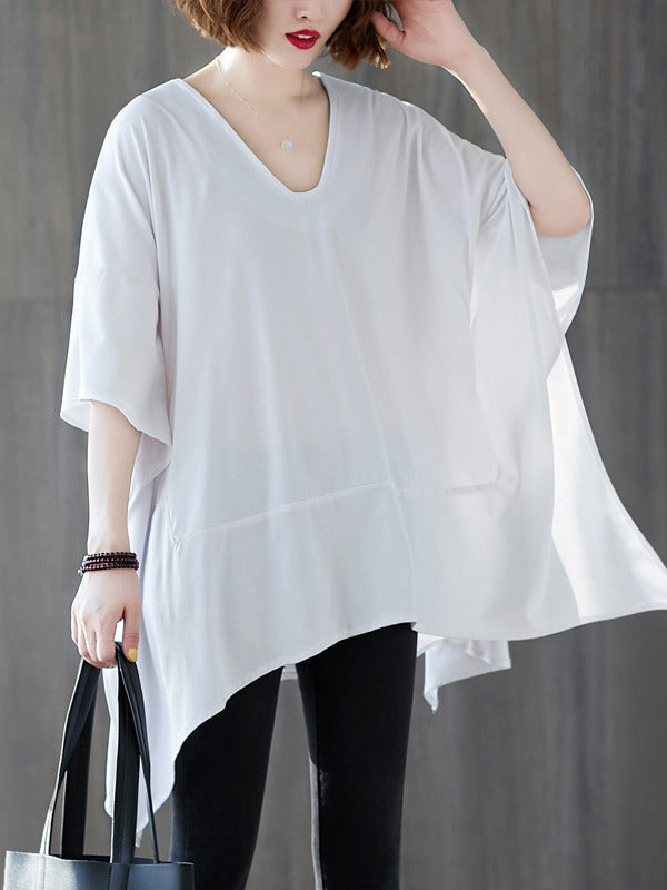 Loose Solid Color Cropped V-Neck Batwing Sleeve T-Shirt