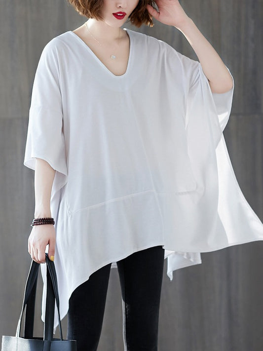 Loose Solid Color Cropped V-Neck Batwing Sleeve T-Shirt