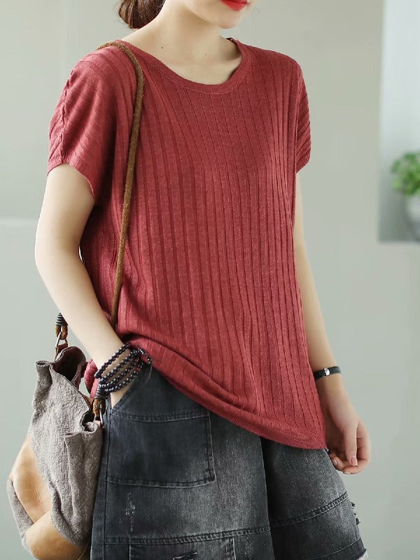 SOLID KNITTING STRIPES ROUND-NECK T-SHIRT