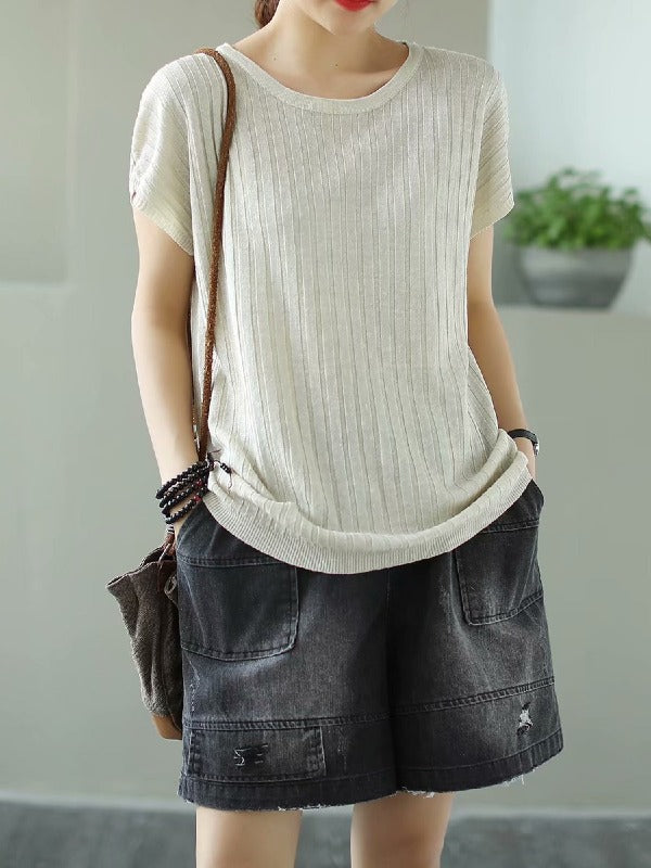 SOLID KNITTING STRIPES ROUND-NECK T-SHIRT