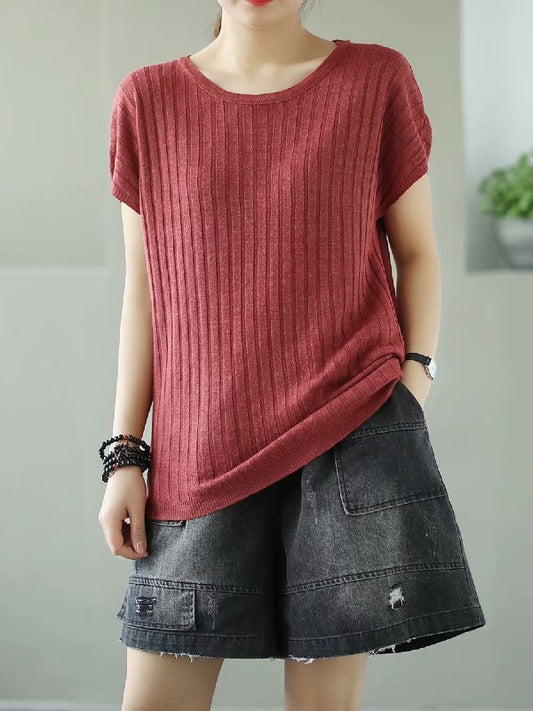 SOLID KNITTING STRIPES ROUND-NECK T-SHIRT
