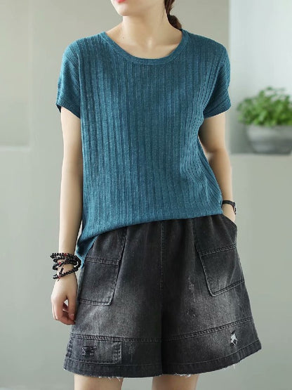 SOLID KNITTING STRIPES ROUND-NECK T-SHIRT