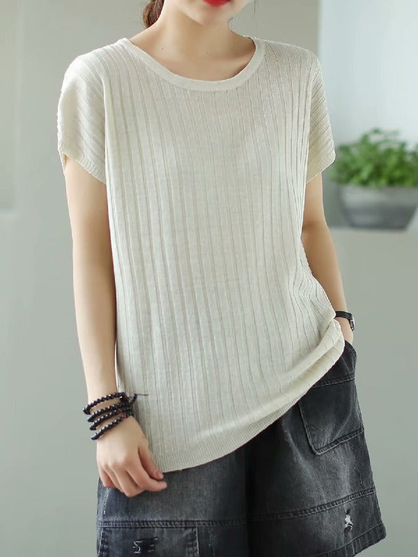 SOLID KNITTING STRIPES ROUND-NECK T-SHIRT