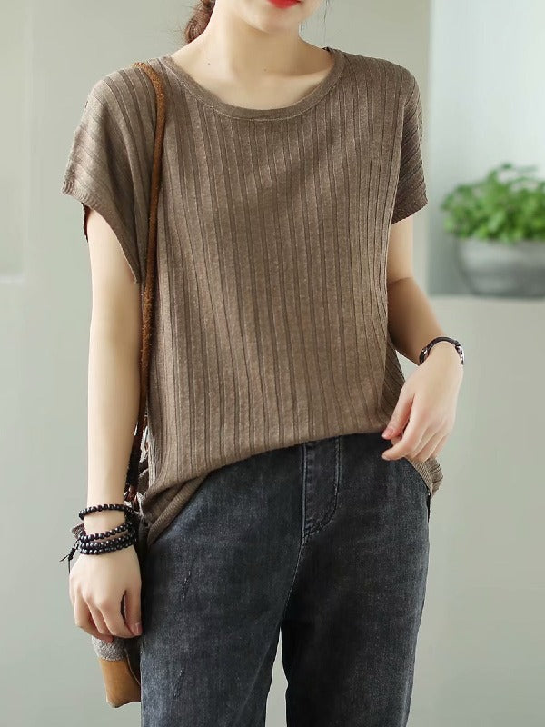 SOLID KNITTING STRIPES ROUND-NECK T-SHIRT